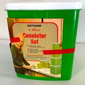 Gotham Vintage NOS 4 Piece Green Cannister  Set With Embossed White Lids